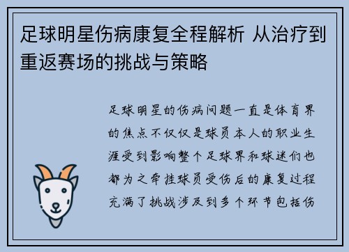 足球明星伤病康复全程解析 从治疗到重返赛场的挑战与策略