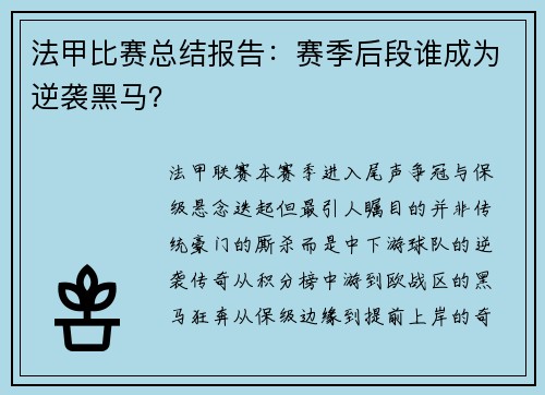 法甲比赛总结报告：赛季后段谁成为逆袭黑马？
